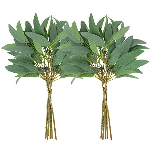 Product Cover Supla 2 Pack Faux Seeded Eucalyptus Long Leaves Greenery Bouquets Long Leaves Grey Green Atificial Eucalyptus Plants Spray with Fruit Pods for Greenery Wedding Bride Baby Shower Woodland Floral Decor