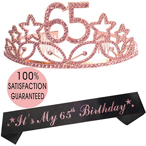 Product Cover 65th Birthday Tiara and Sash Pink, 65th Birthday Gifts for Woman, Happy 65th Birthday Party Supplies, 65 & Fabulous Glitter Satin Sash and Crystal Tiara Birthday Crown for 65th Birthday Party Supplie