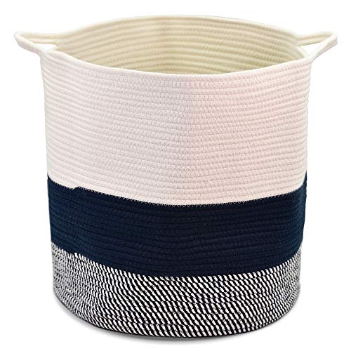 Product Cover Sweetplus Laundry Basket Cotton Rope Basket - Foldable Woven Toy Bin Blanket Storage Basket for Organizing Baby Nursery, Dog Toy, Throw Blankets and Clothes, Hamper with Various Handle (Navy, XL)