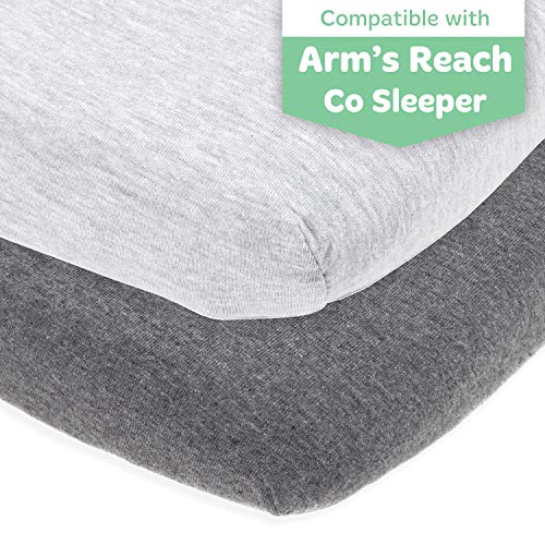 Product Cover Cradle Sheets Fitted 18 x 36 - Compatible with Arms Reach Co Sleeper Clear Vue, Cambria, Mini Ezee Bassinets - Fits Without Bunching Mattress - Snuggly Soft Jersey Cotton - Heather Grey - 2 Pack