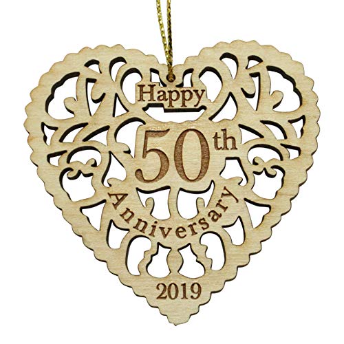 Product Cover Twisted Anchor Trading Co 50th Anniversary Ornament 2019 - Heart Shaped Happy Anniversary Ornament - 50th Beautiful Laser Cut Wood Detail - Comes in a Pretty Organza Gift Bag so it's Ready to give