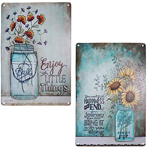 Product Cover TISOSO Two Glass Bottle Floral Sunflowers Poppies Metal Tin Sign Wall Art Decor for Living Room Vintage Art Coffee Bar Signs Home Decor Gifts Decoration 2pcs-8x12inch