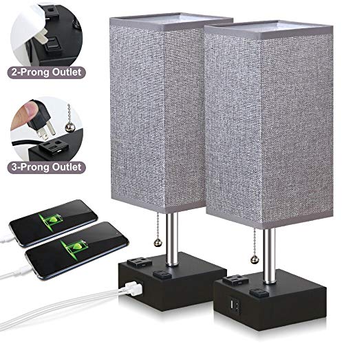 Product Cover ZEEFO USB Table Lamp, Gray Square Fabric Shade Bedside Table Lamp with Two AC Outlet & Fast Dual USB Charging Ports, Modern Design Desk Lamp Ideal for Bedroom,Office,Guest Room, Kids Room (Set of 2)