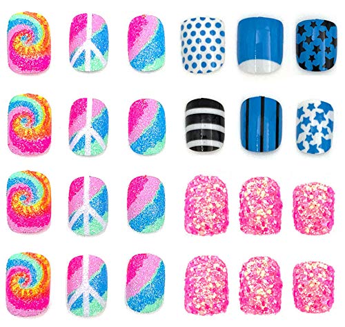 Product Cover 64pcs Colorful artificial nails for kids, Disposable Mini fake nail bar for kids with multi pattern and colors (M)