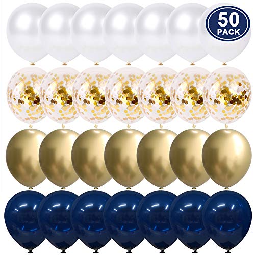 Product Cover Navy Blue and Gold Confetti Balloons, 50 pcs 12 inch Pearl White and Gold Metallic Chrome Birthday Balloons for Celebration 2019 graduation party balloons
