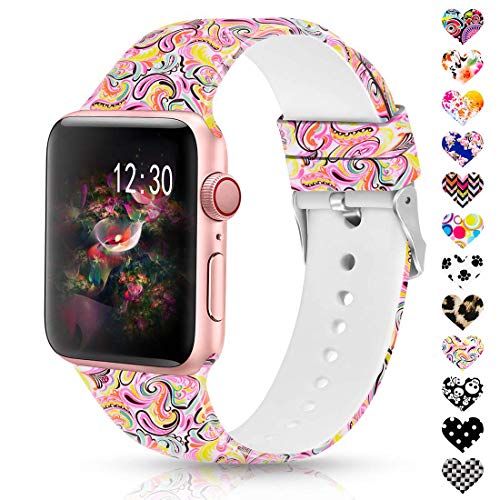 Product Cover Sunnywoo Floral Bands Compatible with Apple Watch Band 38mm/40mm/42mm/44mm, Soft Silicone Fadeless Pattern Printed Replacement Sport Bands for iWacth Series 4/3/2/1, S/M M/L for Women/Men