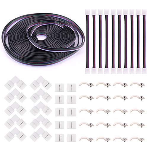 Product Cover 5Pin LED Strip Connector Kit - iCreating 10mm RGBW LED Connector Kit includes 32.8FT RGB Extension Cable, 10x LED Strip Jumper, 10x L Shape Connectors, 10x Gapless Connectors, 20x LED Strip Clips