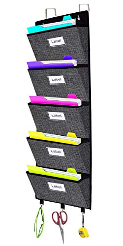 Product Cover Over The Door File Organizer,Wall Mount Hanging File Folder Holder Magazine Storage Bag for Document,Notebooks,Planners,Mails,5 Large Pockets Black Grid