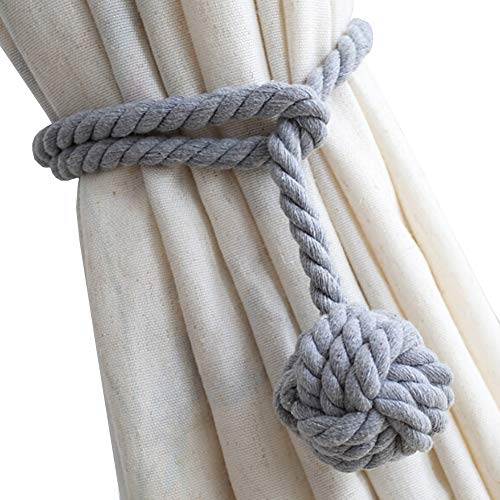 Product Cover DEZENE 2 Pack Curtain Tiebacks,Handmade Natural Cotton Rope and Round Finial Drapery Tie Bakes,Decorative Holdbacks Holders for Window Sheer and Blackout Panels,Grey
