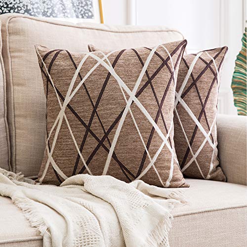 Product Cover MIULEE Pack of 2 Decorative Throw Pillow Covers Woven Textured Chenille Cozy Modern Concise Soft Light Tan Square Cushion Shams for Bedroom Sofa Car 18 x 18 Inch