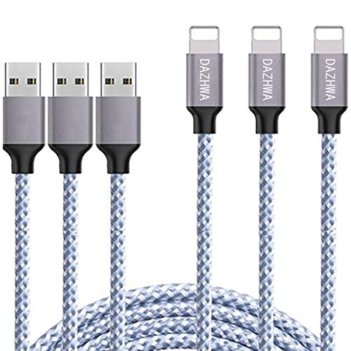 Product Cover DAZHWA iPhone Charger 3PACK (6FT) Nylon Braided Charging Cable Cord USB Cable Charger Compatible iPhone X/8/7/6s/ 6/ Plus/ 5SE/ 5s/ 5c/ 5, Pad, Pod, and More (Silver)