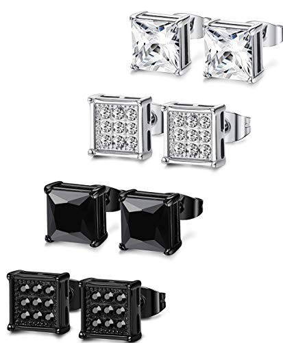 Product Cover FIBO STEEL 4-8 Pairs Stainless Steel Stud Earrings for Men Women Square CZ Earrings,6-8MM