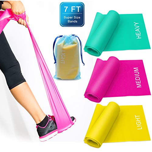 Product Cover Coolrunner 7FT. Long Latex Free Elastic Flat Exercise Band Set of 3 with Carry Bag, Wide Fitness Resistance Bands for Pilates, Gym, Physical Therapy, Yoga, Carry Bag, Green & Yellow & Rose Red