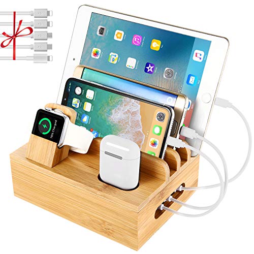 Product Cover Bamboo Charging Station Dock for 4/5 / 6 Ports USB Charger,Desktop Docking Station Organizer for Cellphone,Smart Watch,Tablet(5 Charging Cables Included,No Power Supply)