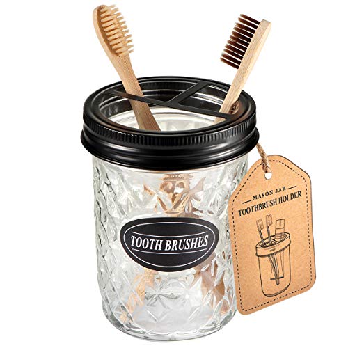 Product Cover Amolliar Mason Jar Toothbrush Holder - Rustproof Stainless Steel - Holds 2 Toothbrushes and Toothpaste,with Chalkboard Labels - Farmhouse Décor Bathroom Countertop and Vanity Storage Organizer,Black