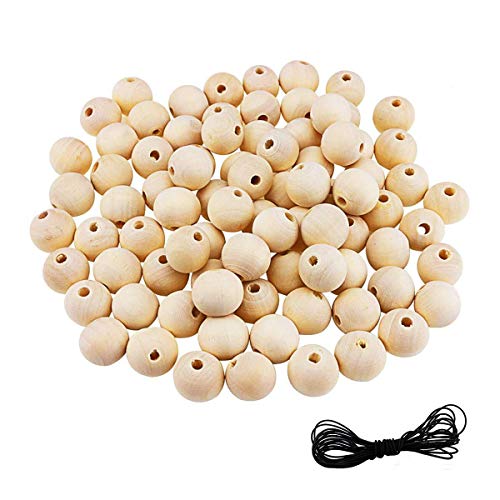 Product Cover DLOnline 120PCS 20mm Natural Wood Beads Wooden Loose Beads Round Wood Beads Unfinished Spacer Beads with 2m Elastic Rope (Diameter 1mm) for DIY Art Supplies Bracelet Hand