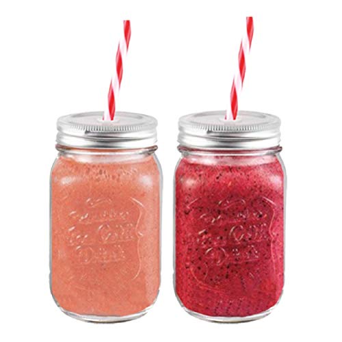 Product Cover Mason Glass Jars with Plastic Straw - (Set of 2) 16 ounce each, Fashion Drinking Glasses, Wide Mouth Mason Jars Mugs