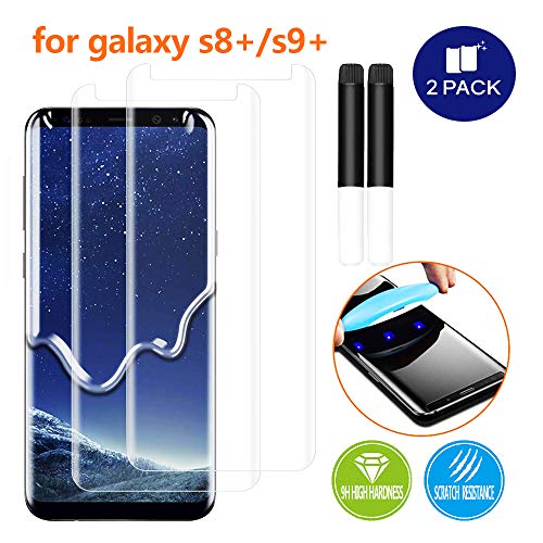 Product Cover Johncase [2 Pack] New Upgrade Screen Protector Compatible for Samsung Galaxy S8 Plus/S9 Plus (S8+/S9+), Full Edge 3D Curved Tempered Glass Film W/UV Liquid Adhesive Light Installation Kit