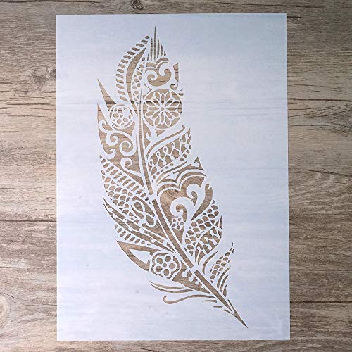 Product Cover DIY Decorative Mandala Feather Stencil Template for Scrapbooking Painting on Walls Furniture Crafts (A4 Size)