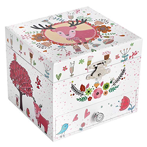 Product Cover SONGMICS Ballerina Musical Jewelry Box, Wind-Up Music Storage Box with Pullout Drawer, Elk Theme, Gift for Kids, White UJMC014PK