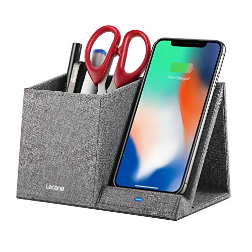 Product Cover Lecone 10W Fast Wireless Charger with Desk Organizer Qi Certified Fabric Induction Charger Stand Pen Pencil Holder Compatible iPhone 11/Xs MAX/XR/XS/X/8/8, Samsung S10/S9/S9+/S8/S8+/Note 10, Grey