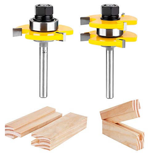 Product Cover KOWOOD Tongue and Groove Set of 2 Pieces 1/4 Inch Shank Router Bit Set 3 Teeth Adjustable T Shape Wood Milling Cutter