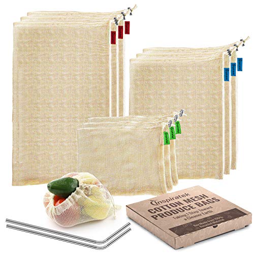 Product Cover Reusable Produce Bags (Set Of 9) + Bonus Stainless Steel Straws - Premium Organic Cotton Mesh Grocery Bag with Drawstring - Eco Friendly and Washable, Net Zero Reuseable and for Vegetable or Veggie