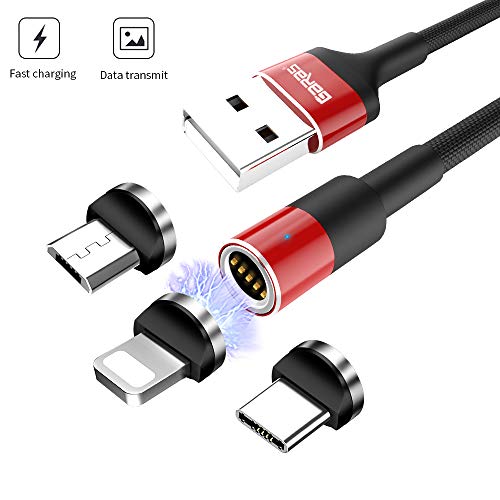 Product Cover Magnetic Phone Charger Cable, GARAS 3 in 1 Nylon Braided USB Fast Charging & Data Syncing Cord with LED Light Compatible with Mirco USB, Type C Smartphone and iProduct(3.9 ft-Red)