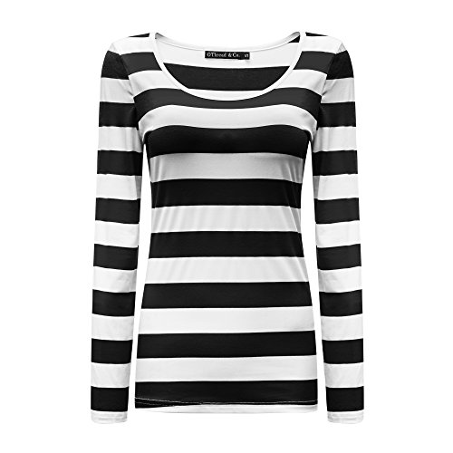 Product Cover OThread & Co. Women's Long Sleeve Striped T-Shirt Basic Scoop Neck Shirts (Large, Black&White0)