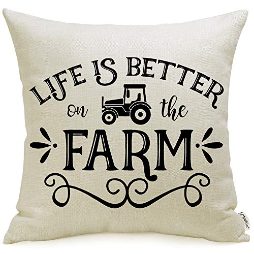 Product Cover Meekio Farmhouse Pillow Covers Life is Better on The Farm Print 18 x 18 Inch for Farmhouse Country Décor