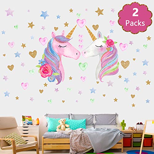 Product Cover SONG'S IDEA Large Size Unicorn Wall Decal,2Packs，Unicorn Wall Sticker Decor with Hearts and Stars for Girls Rooms Baby Nursery