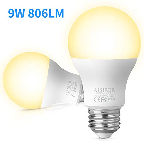 Product Cover Smart Light Bulb WiFi A19 E26 LED Bulbs Compatible with Amazon Alexa Echo Google Home Assistant and IFTTT 9W Equivalent 60W Dimmable Warm Light 2700K No Hub Required 806LM AISIRER (2 Pack)
