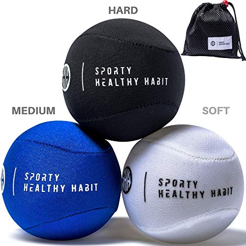 Product Cover Hand Therapy Exercise Stress Ball Bundle 3 Pk for Adults and Kids - Relieve Stress/Strengthen Hands Fingers + Wrists - 3 Firmness Levels - Bonus Carry Bag - Ebook Exercise Guide and E-Coloring Book