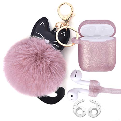 Product Cover Airpods Case - Airspo Case for Airpods Silicone Case Cover Compatible with Apple Airpods 1/2 Protective Skin with Fur Ball Keychain/Magnetic Strap/Ear Hooks (Glittery Rose Gold)