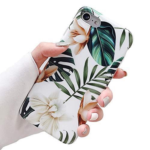 Product Cover ooooops iPhone 8 Case, 7 Case for Girls, Green Leaves with White&Brown Flowers Pattern Design, Slim Fit Clear Bumper Soft TPU Full-Body Protective Cover Case for iPhone 7/8 4.7'' (Leaves&Flowers)
