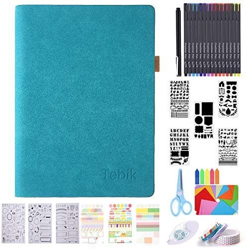 Product Cover Bullet Dotted Journal Kit, Tebik A5 Loose Leaf Paper Hardcover 240 Pages Notebook, 15 Colored Pens, Stencils, Stickers, Tapes, Scissors, Color Paper for Journal Planner Art Office School Supplies