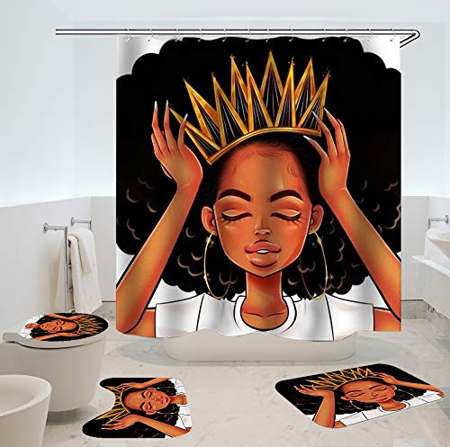Product Cover SARA NELL Afro Girls African Queen Shower Curtain,African American Women Girl with Crown 72X72In Shower Curtains with Toilet Pad Cover Bath Mat Shower Curtain Set Four-Piece Set