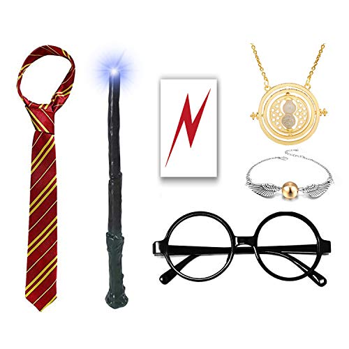 Product Cover Light Wand with Novelty Glasses Striped Tie, Lightning Scar Tattoo and Time Turner Necklace, Cosplay Dress up Accessories for Kids Girls, 7 PCS