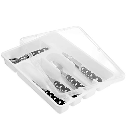 Product Cover Zilpoo Flatware Tray with Lid, Plastic Camper Picnic Cutlery and Utensil Drawer Organizer, Kitchen Silverware Storage Container with Cover, White