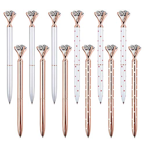 Product Cover ZZTX 12 PCS Big Crystal Diamond Ballpoint Pen Bling Metal Ballpoint Pen Office Supplies, Rose Gold/Silver/White With Rose Polka Dots/Rose Gold With White Polka Dots, Includes 12 Pen Refills