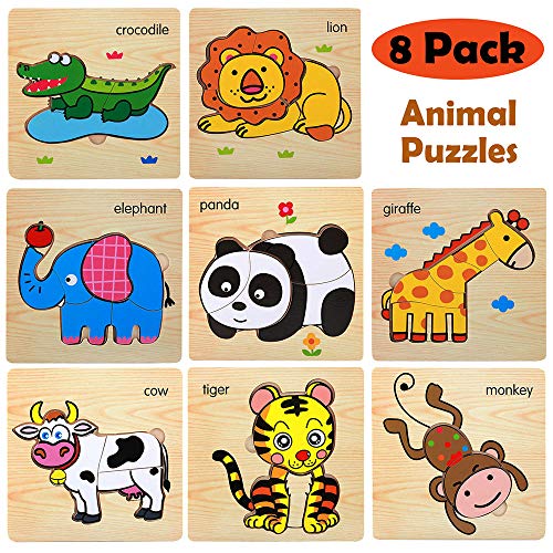 Product Cover Wooden Jigsaw Puzzles for Toddlers Age 2 3 4 5 Year Old, Preschool Animals Puzzles Set for Kids Children, Shape Color Learning Educational Puzzles Toys for Boys and Girls (8 Pack)