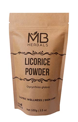 Product Cover MB Herbals Licorice Root Powder 100 Gram | 3.5 oz | Pure Glycyrrhiza glabra | Mulethi | Yashtimadhu |Gastric Health | Smoker's Cough | Sore Throat | Natural Skin Brightener (When Used in a Face Pack)