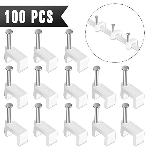 Product Cover Cable Clips - CableGeeker 100 Pieces Ethernet Cable Clips with Nails 8mm Cord Holder for Cat6 Cat7 Flat Ethernet Cable (White)