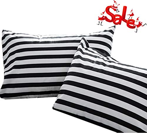 Product Cover Wellboo Pillowcases Black Striped Pillow Cases Black and White Pillow Shams Stripes Bed Pillow Covers Cotton Standard Vertical Striped Pillow Protectors White Women Men Adults Envelope Closure 2 PCS