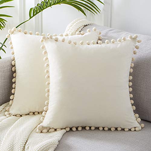 Product Cover Top Finel Cream Decorative Throw Pillow Covers 26 x 26 Inch Soft Solid Velvet Cushion Covers for Couch Sofa Bed 65 x 65 cm, Pack of 2, Off White