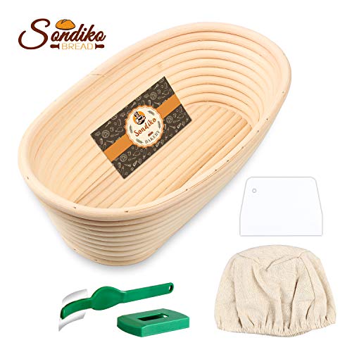 Product Cover Sondiko Oval Bread Proofing Basket, Handmade Banneton Bread Proofing Basket Brotform with Bread Lame, Dough Scraper, Proofing Cloth Liner for Sourdough Bread, Baking(9.6 x 6 x 3 inches)