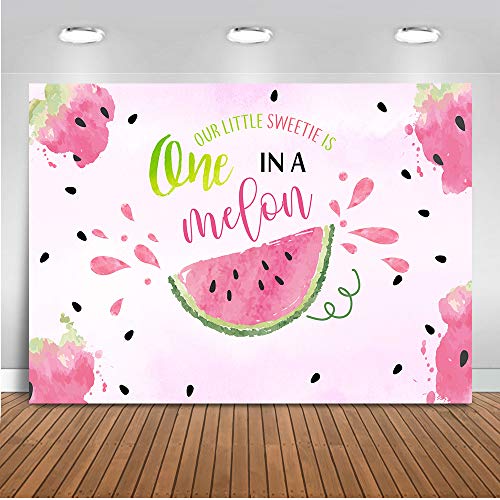 Product Cover Mocsicka Watermelon Birthday Backdrop One in a Melon 1st Birthday Background 7x5ft Vinyl Watermelon First Birthday Party Banner Backdrops