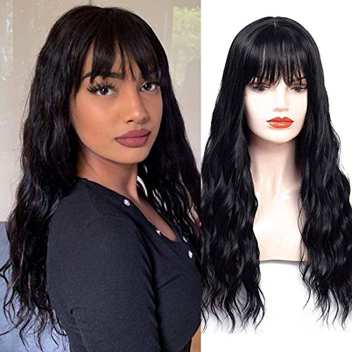 Product Cover HUA MIAN LI Long Wavy Wig With Air Bangs Silky Full Heat Resistant Synthetic Wig for Women - Natural Looking Machine Made 26 inch Hair Replacement Wig for Party Cosplay Body Wavy (Black)