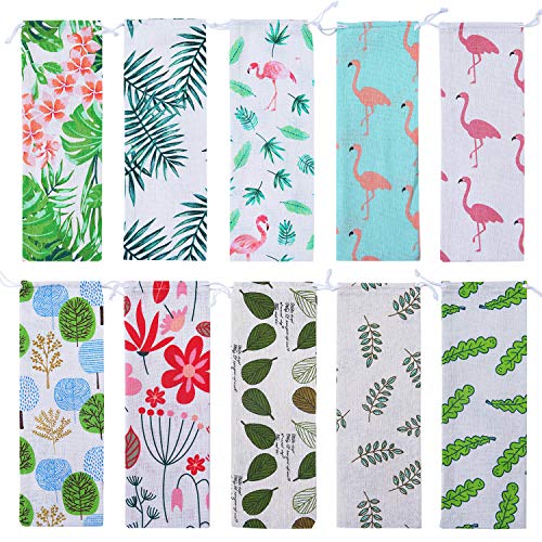 Product Cover Aneco 10 Pieces 11.7 Inch Straw Cutlery Carrying Case Reusable Cotton Hawaiian Style Linen Portable Bag