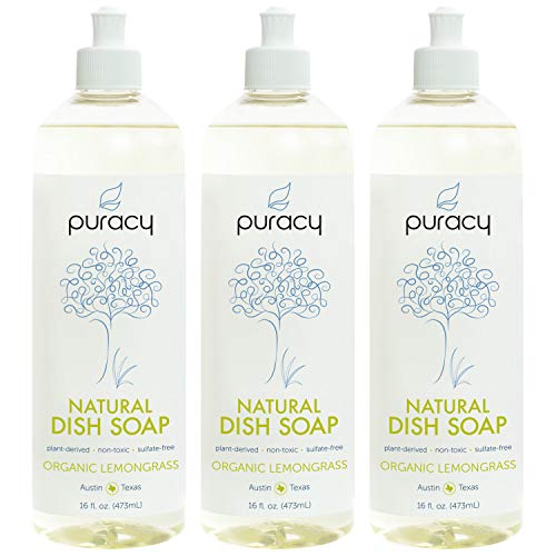 Product Cover Puracy Natural Dish Soap, Organic Lemongrass, Sulfate-Free Liquid Detergent, 16 Ounce (3-Pack)